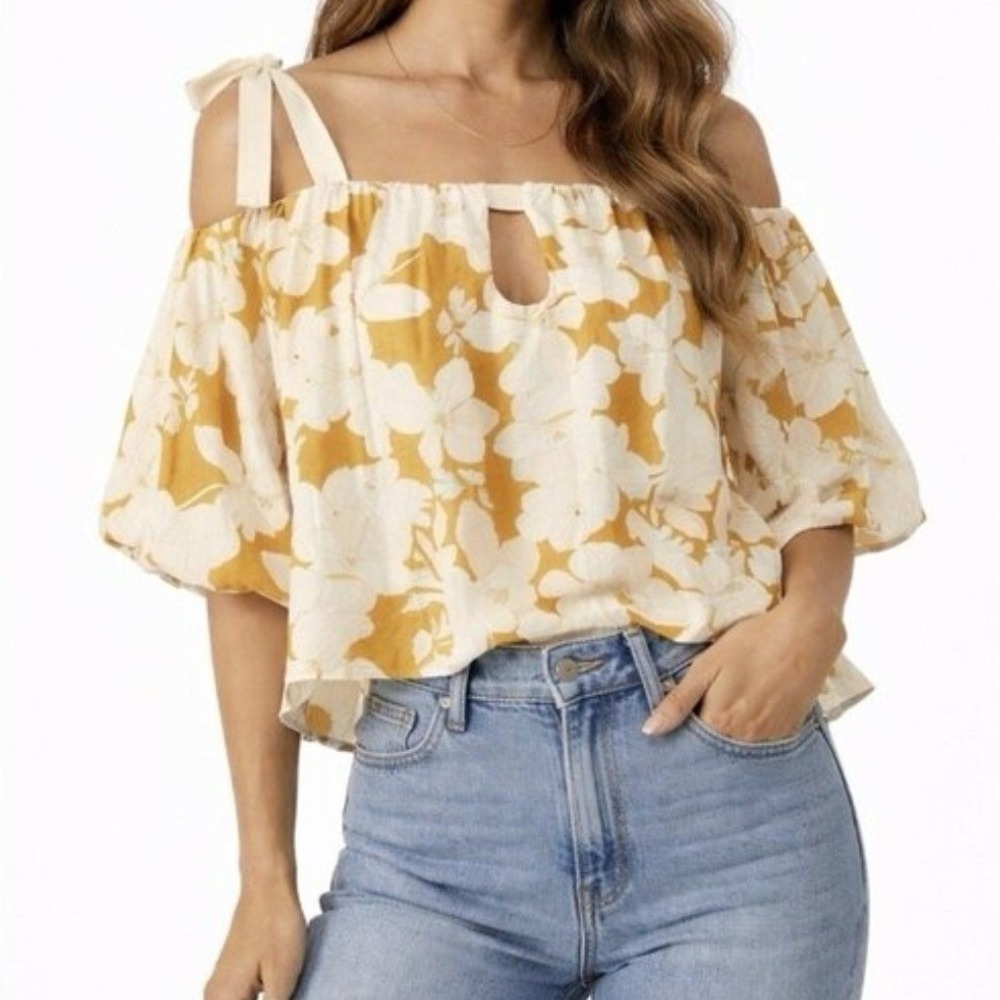 Mon Renn Magnolia Yellow Floral Off Shoulder Tie Strap Blouse Size Large NWT